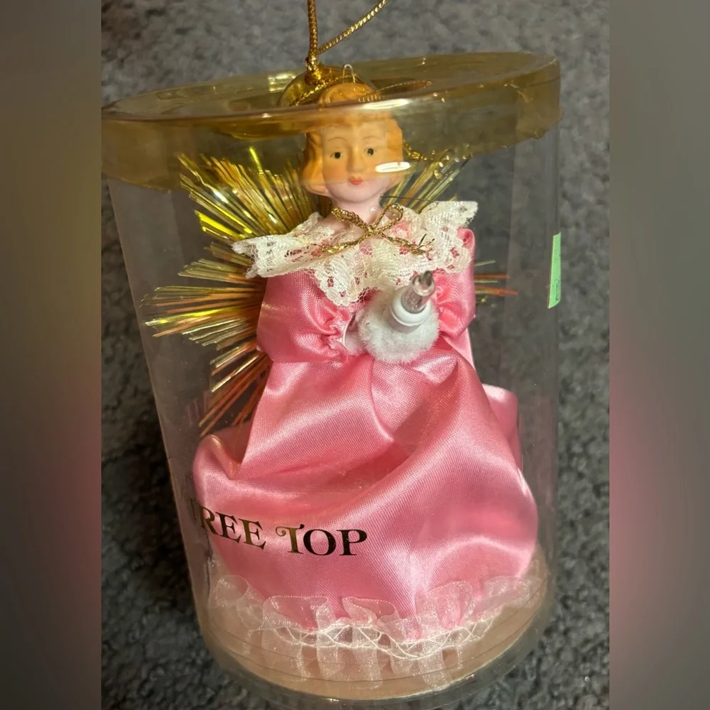 Vintage Victorian Light Up Angel Pig Tail Tree Topper Pink Gold Dress 5”